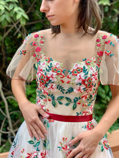 Floral Whimsical A-Line Wedding Dress | Meadow Flower Embroidery Gown with Short Sleeves Lace-Up Back FW1467-wedding dresses 2025 -Viniodress-Champagne-Custom Size-