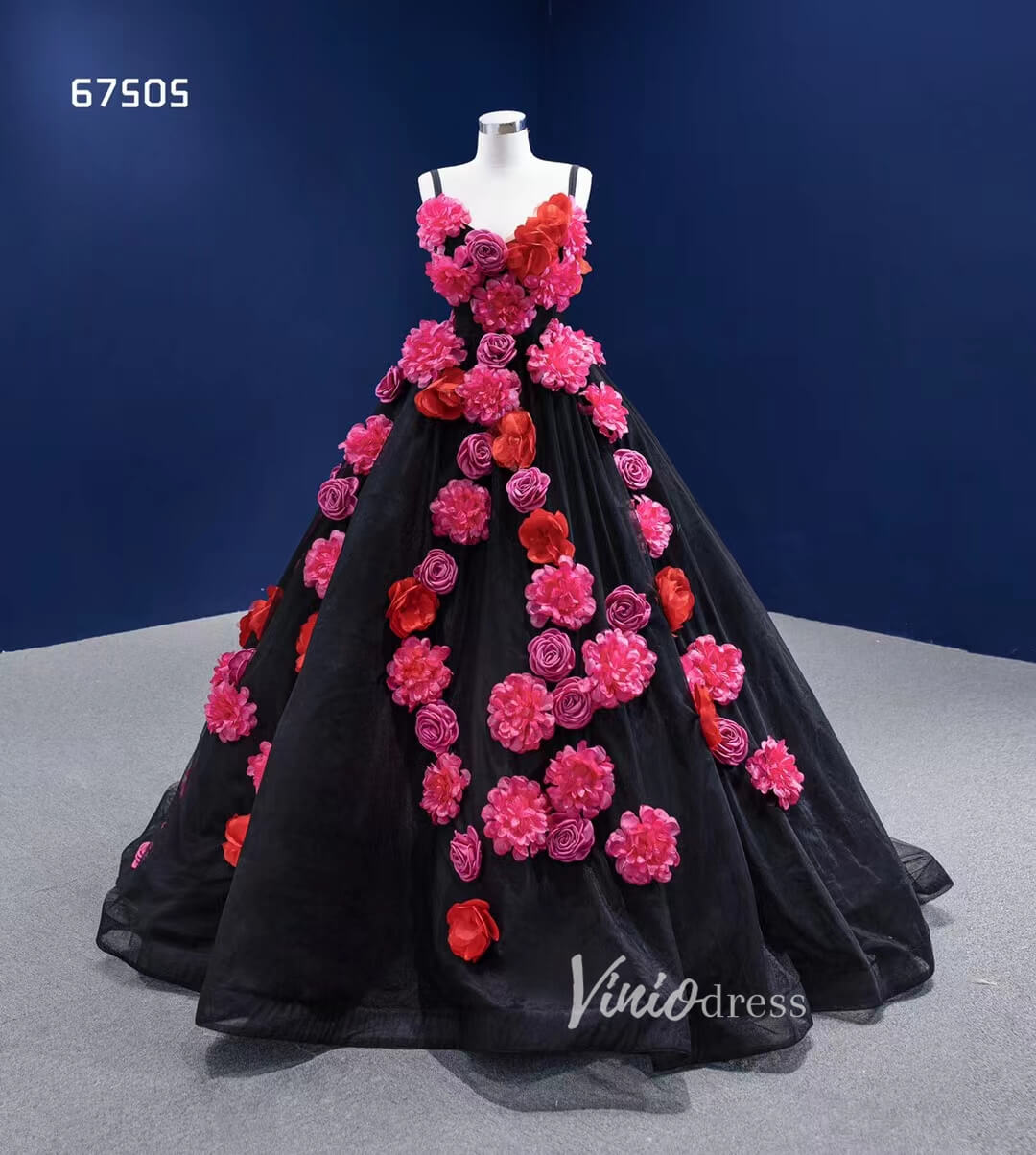 Flower Blooming Ball Gown Vintage Black Sweet 15 Dress Quince Dress 67505-Quinceanera Dresses-Viniodress-Viniodress