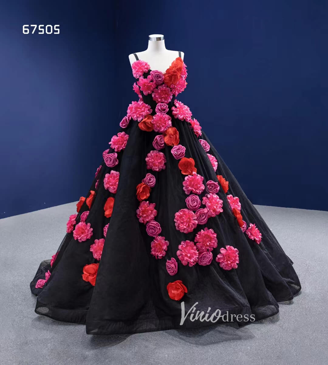 Flower Blooming Ball Gown Vintage Black Sweet 15 Dress Quince Dress 67505-Quinceanera Dresses-Viniodress-Viniodress