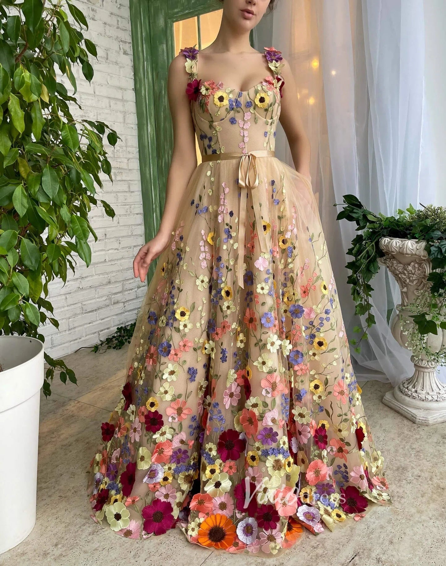 Flower Blossom Prom Dress Long Floral Formal Gown FD2900-prom dresses 2025 -Viniodress-Nude-Custom Size-