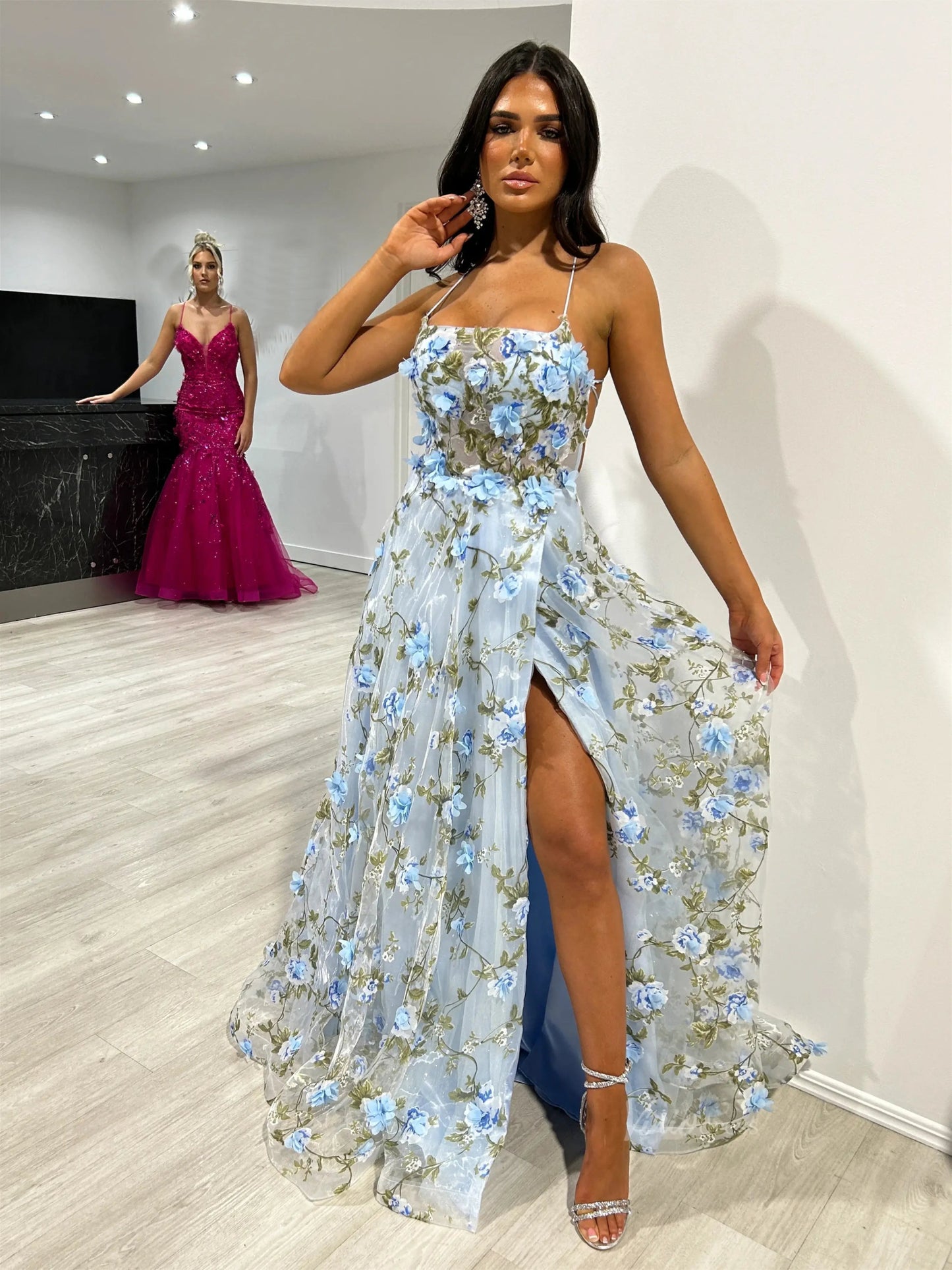 Flower Blossom Prom Dresses Spaghetti Strap Floral Formal Dresses FD3804-prom dresses 2025 -Viniodress-Light Blue-Custom Size-