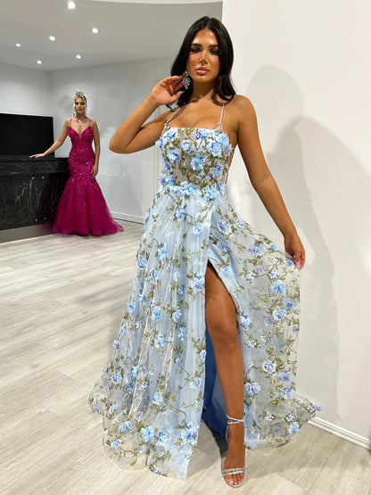 Flower Blossom Prom Dresses Spaghetti Strap Floral Formal Dresses FD3804-prom dresses 2025 -Viniodress-Light Blue-Custom Size-