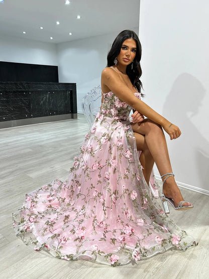 Flower Blossom Prom Dresses Spaghetti Strap Floral Formal Dresses FD38 Viniodress Flower Blossom Prom Dresses Spaghetti Strap Floral Formal Dresses FD38 Viniodress