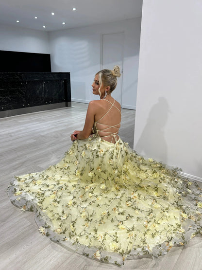 Flower Blossom Prom Dresses Spaghetti Strap Floral Formal Dresses FD3804-prom dresses 2025 -Viniodress-Yellow-Custom Size-