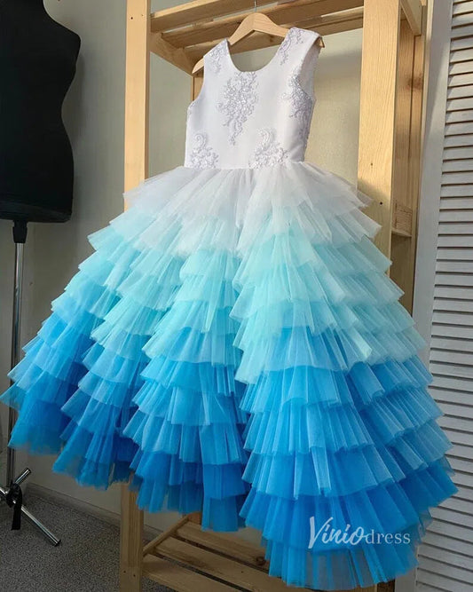 Gradient Aqua Blue Girls Formal Dress Layered Ruffle Dress GL1122-flower girl dresses-Viniodress-Aqua-Custom Size-Viniodress