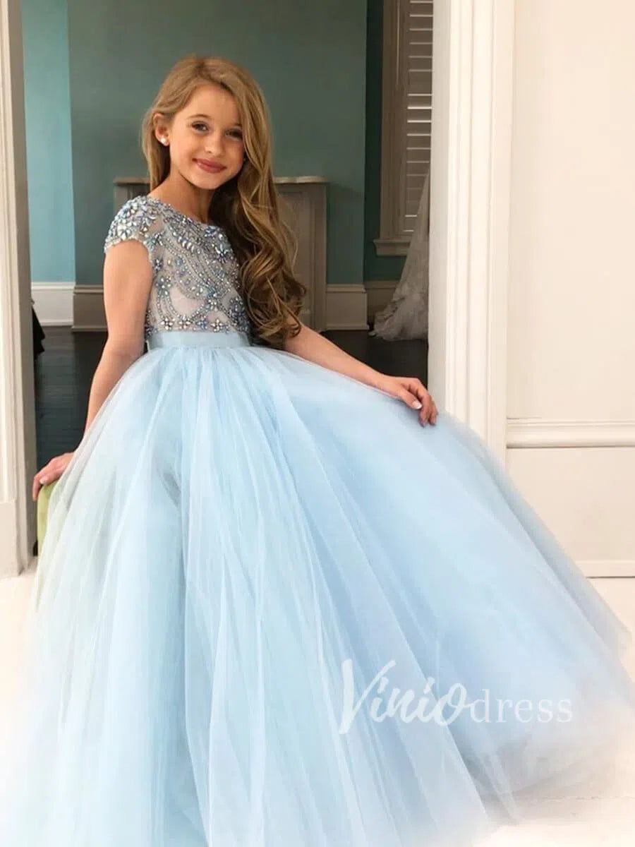 Light Blue Rhinestone Beaded Flower Girl Dresses GL1028-flower girl dresses-Viniodress-Light Blue-Custom Size-Viniodress