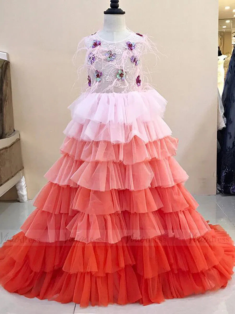 Ombre Red Kids Dresses with Ruffle Skirt GL1032-flower girl dresses-Viniodress-Viniodress