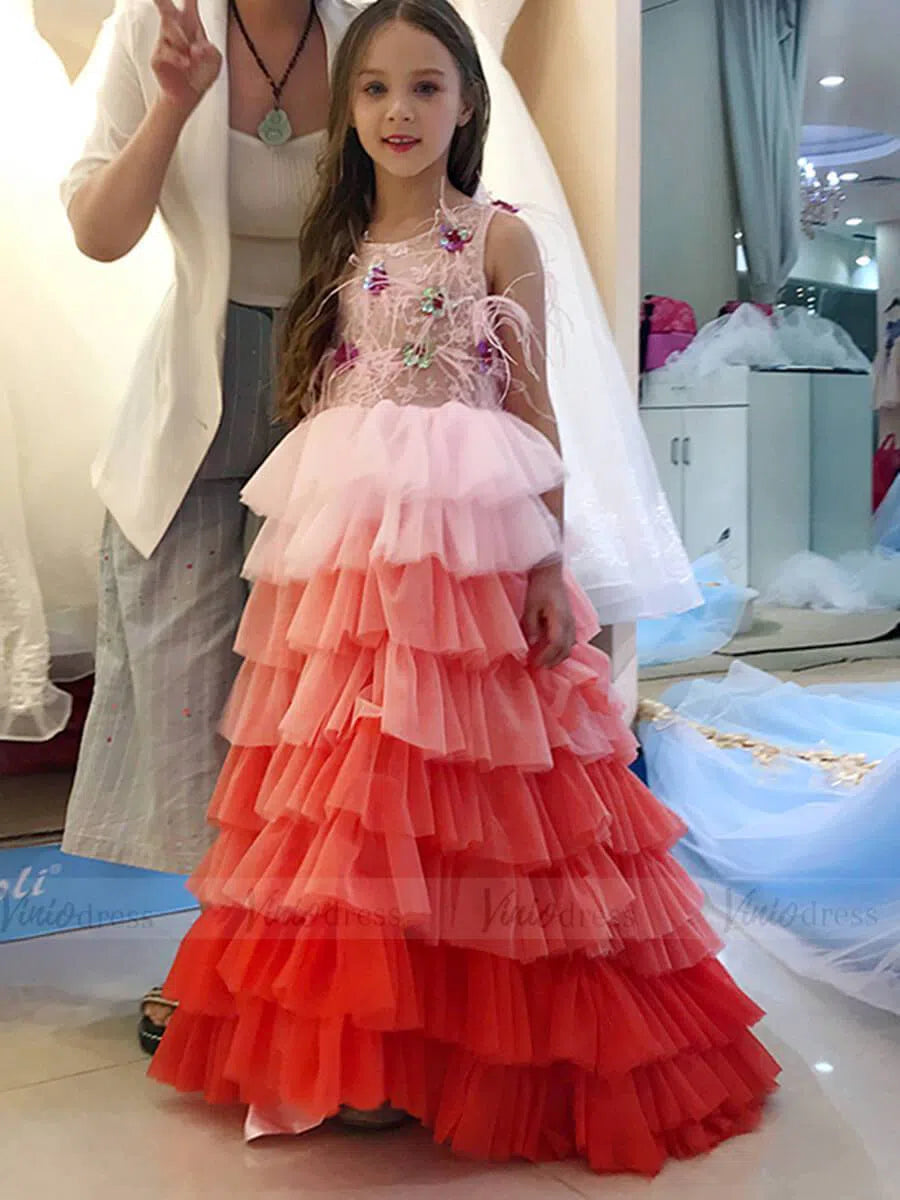 Ombre Red Kids Dresses with Ruffle Skirt GL1032-flower girl dresses-Viniodress-Viniodress