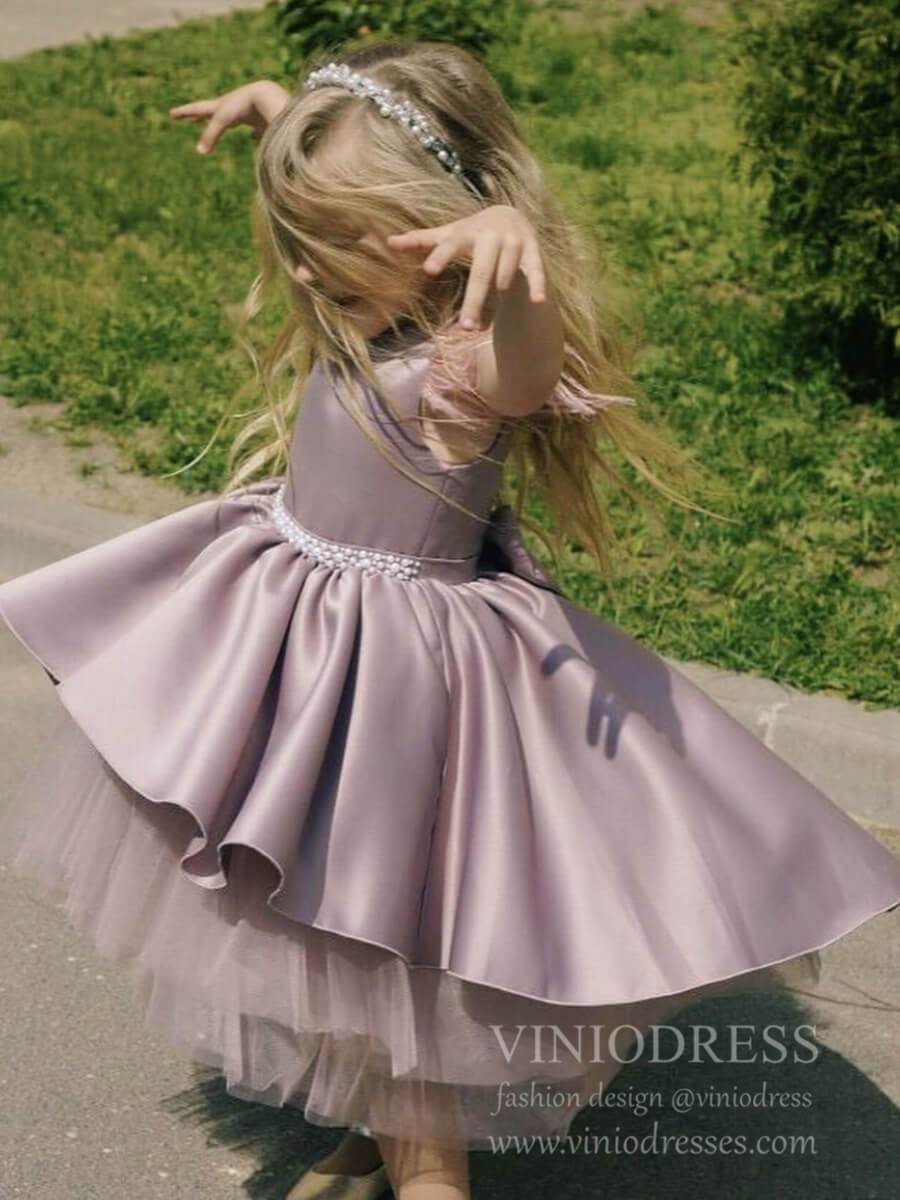 Satin & Tulle Mauve Flower Girl Dresses High Low Girls Formal Dress GL1026B-flower girl dresses-Viniodress-Mauve-Custom Size-Viniodress