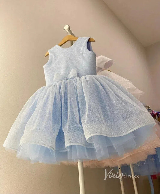 Sparkly Tulle Flower Girl Dress with Bow GL1118 Mid Length-flower girl dresses-Viniodress-Light Blue-Custom Size-Viniodress