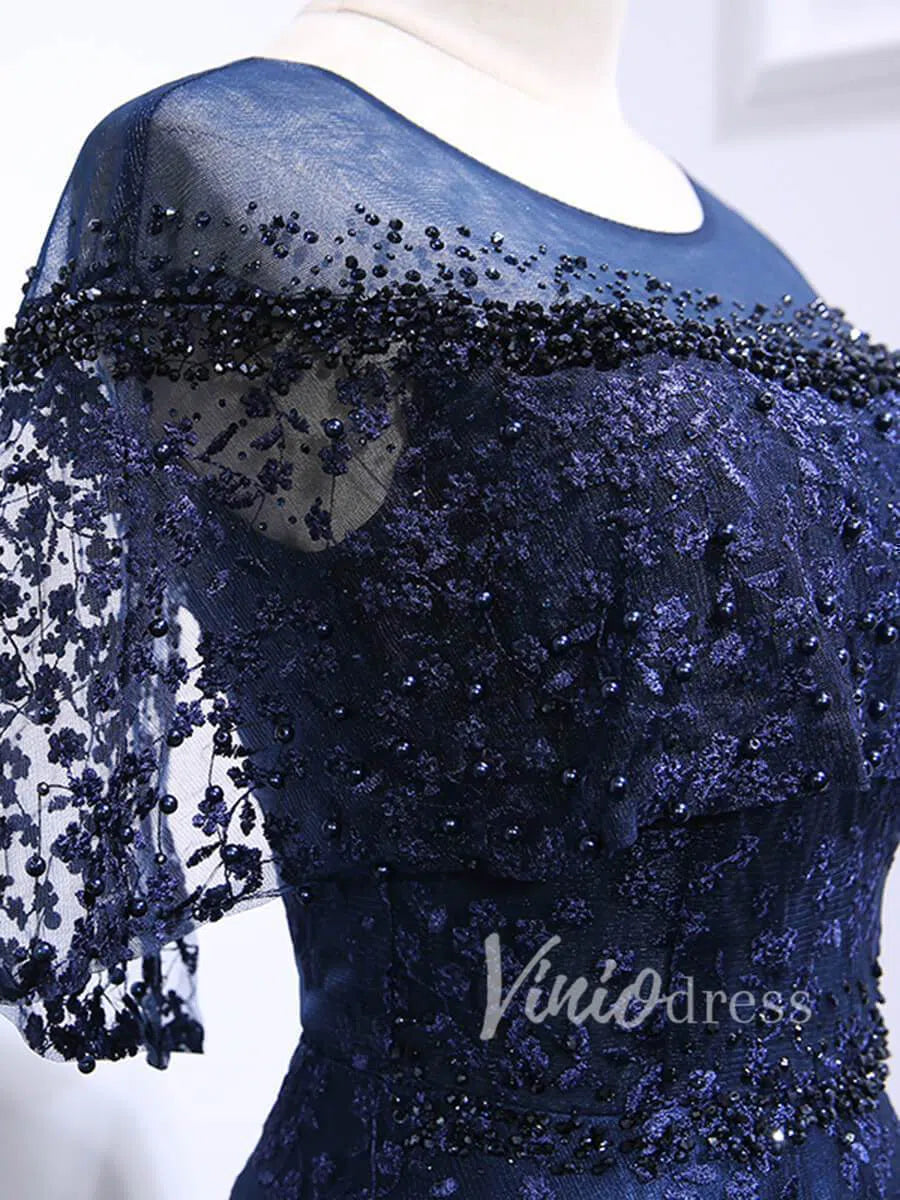 Navy Blue Lace Mother of the Bride Dresses with Sleeves FD1520-formal dresses-Viniodress-Viniodress