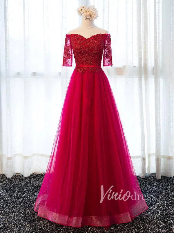 Off the Shoulder Mother of the Bride Dress with Sleeves FD1325-formal dresses-Viniodress-Red-Custom Size-Viniodress