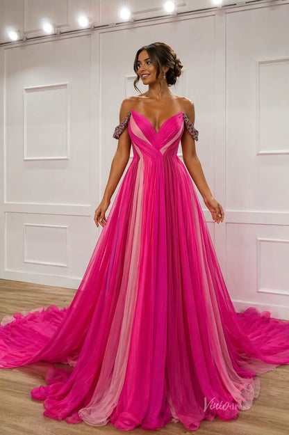 Fuchsia Chiffon Pageant Gown with Sweetheart Draped Bodice, Crystal Trim & Cape Train – PG022-Pageant Dress 2026-Viniodress-Fuchsia-Custom Size – Add Measurements in Cart-