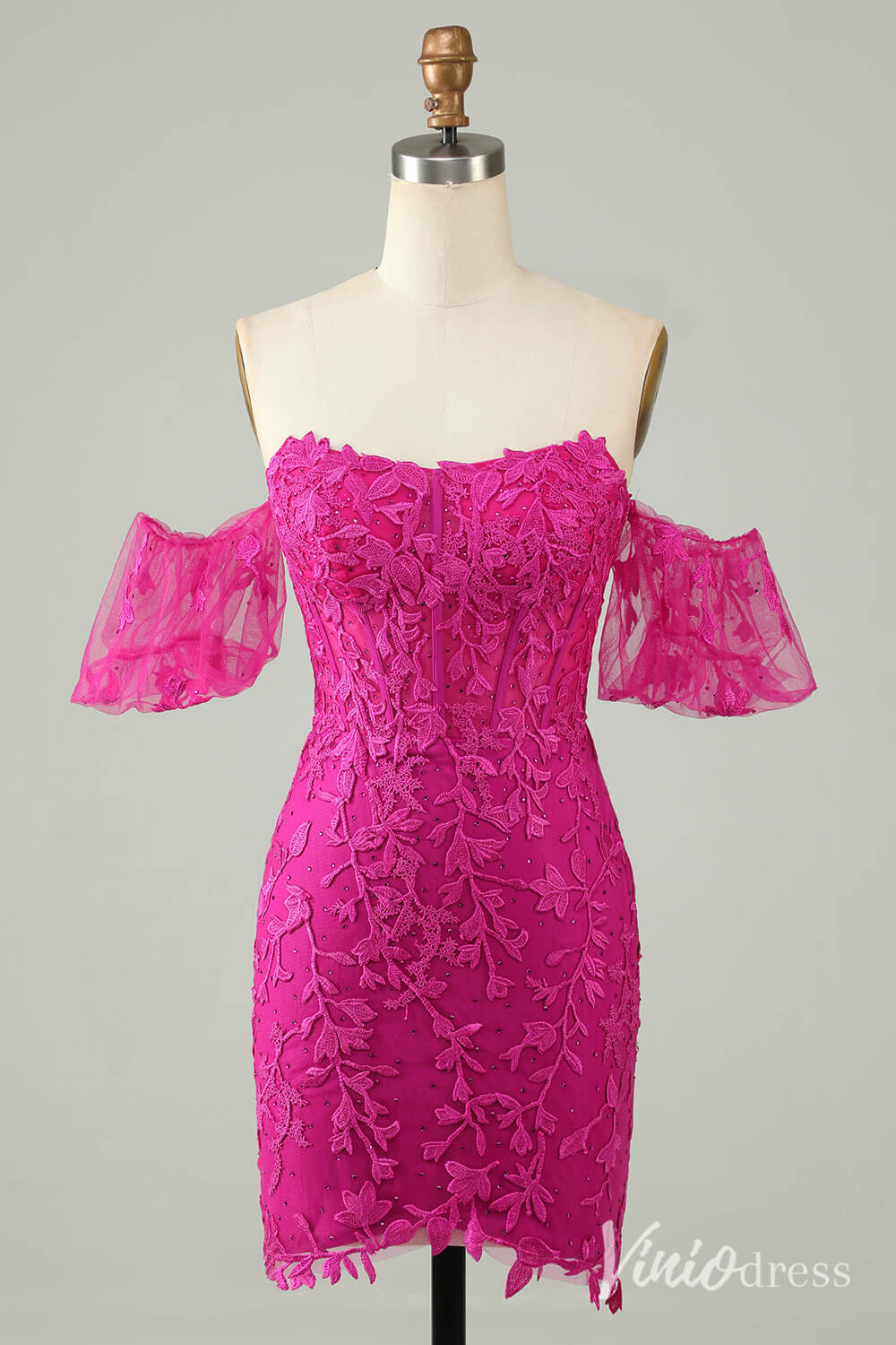 Fuchsia Lace Applique Homecoming Dresses Off the Shoulder Bodycon Dress S24071-Homecoming Dresses-Viniodress-Fuchsia-Custom Size-Viniodress