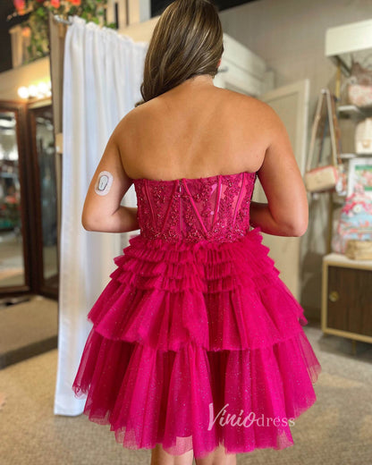 Fuchsia Lace Applique Homecoming Dresses Strapless Ruffled Short Prom Dress SD1637-prom dresses 2025 -Viniodress-Fuchsia-Custom Size-