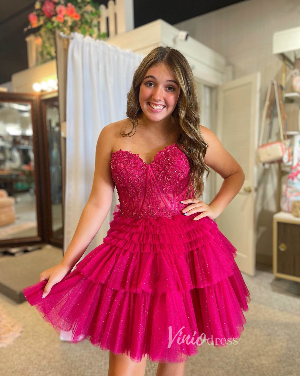 Fuchsia Lace Applique Homecoming Dresses Strapless Ruffled Short Prom Dress SD1637-prom dresses-Viniodress-Fuchsia-Custom Size-Viniodress