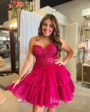 Fuchsia Lace Applique Homecoming Dresses Strapless Ruffled Short Prom Dress SD1637