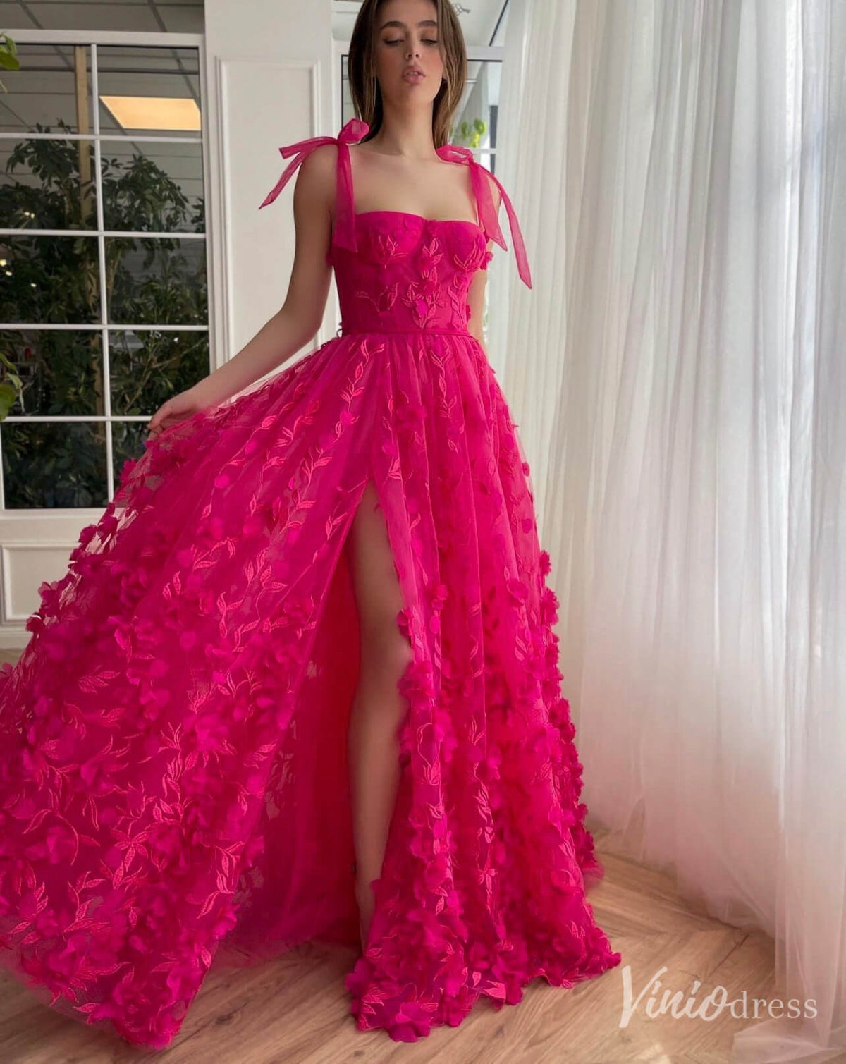 Fuchsia Lace Applique Prom Dresses with Slit Spaghetti Strap Pockets TO017-prom dresses-Viniodress-Fuchsia-Custom Size-Viniodress