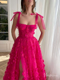 Prom Dress 2025 Fuchsia Lace Applique Prom Dresses with Slit Spaghetti Strap Pockets TO017-unique prom dresses-Fuchsia-Custom Size-Viniodress