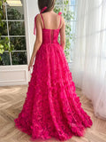 prom dresses 2025 Fuchsia Lace Applique Prom Dresses with Slit Spaghetti Strap Pockets TO017-plus size wedding dresses Viniodress-Fuchsia-Custom Size-