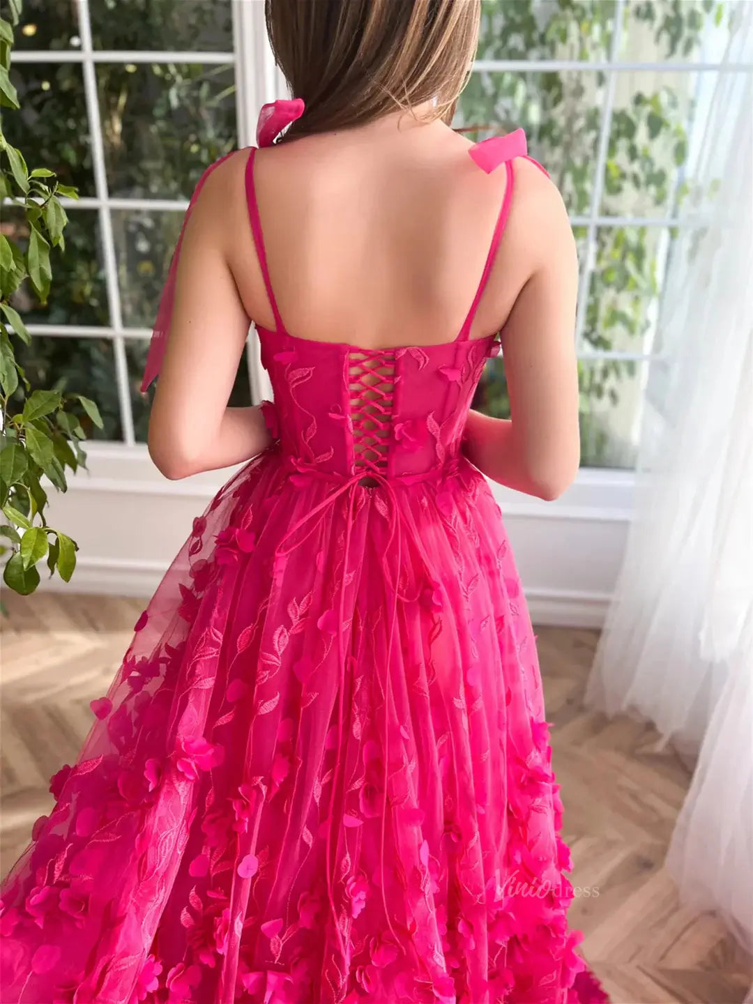 prom dresses 2025 Fuchsia Lace Applique Prom Dresses with Slit Spaghetti Strap Pockets TO017-plus size wedding dresses Viniodress-Fuchsia-Custom Size-