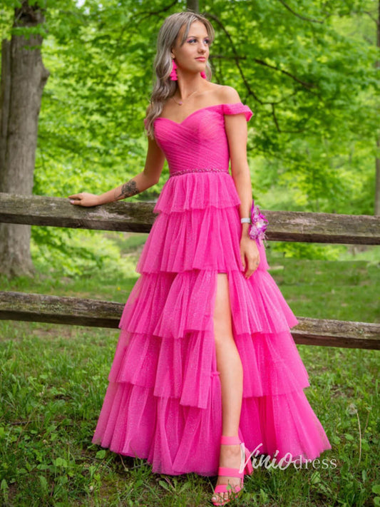 Fuchsia Layered Ruffle Prom Dresses With Slit Off the Shoulder Evening Dress FD2919-prom dresses 2025 -Viniodress-Fuchsia-Custom Size-