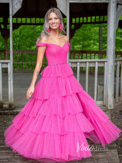 Fuchsia Layered Ruffle Prom Dresses With Slit Off the Shoulder Evening Dress FD2919-prom dresses 2025 -Viniodress-Fuchsia-Custom Size-