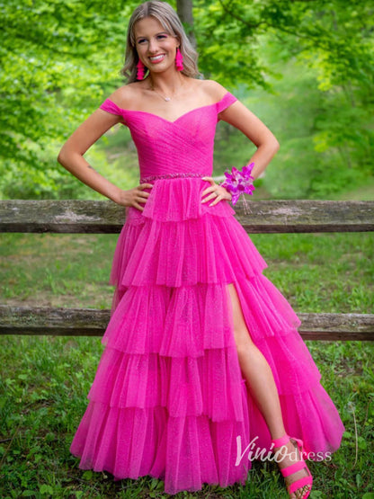 Fuchsia Layered Ruffle Prom Dresses With Slit Off the Shoulder Evening Viniodress Fuchsia Layered Ruffle Prom Dresses With Slit Off the Shoulder Evening Viniodress