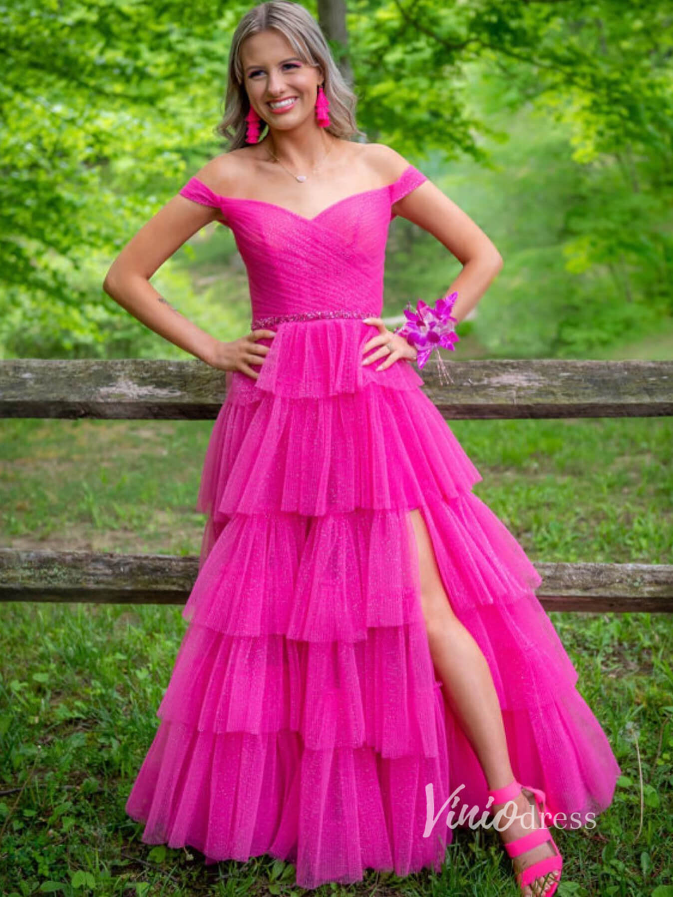 Prom Dress 2025 Fuchsia Layered Ruffle Prom Dresses With Slit Off the Shoulder Evening Dress FD2919-unique prom dresses-Fuchsia-Custom Size-Viniodress