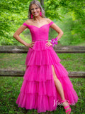 Prom Dress 2025 Fuchsia Layered Ruffle Prom Dresses With Slit Off the Shoulder Evening Dress FD2919-unique prom dresses-Fuchsia-Custom Size-Viniodress