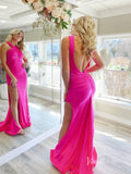 Fuchsia Mermaid Prom Dresses with Slit Satin Evening Dress FD3649