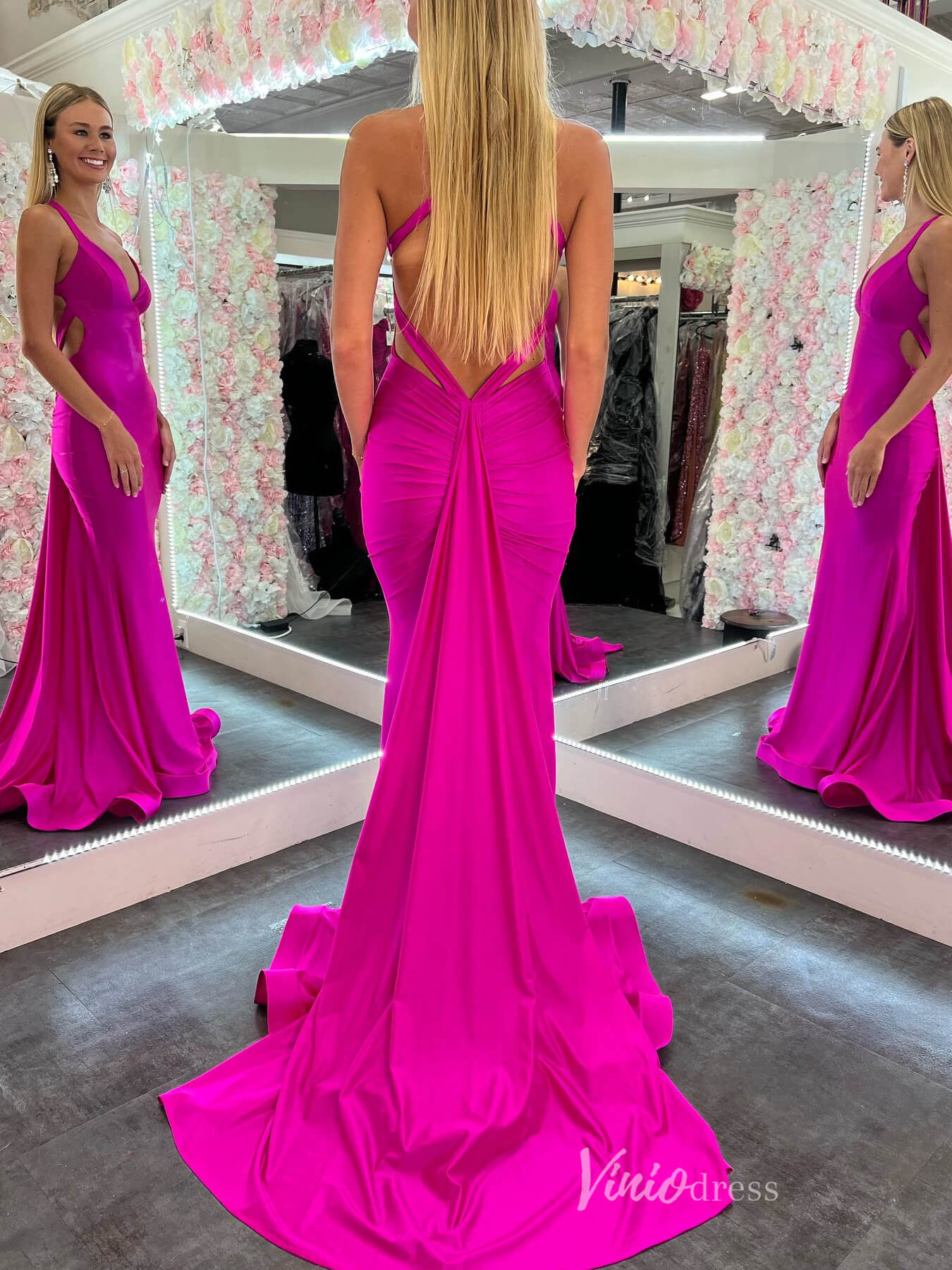 Fuchsia Mermaid Satin Prom Dresses Open Back with Tail FD4037-prom dresses 2025 -Viniodress-Fuchsia-Custom Size-