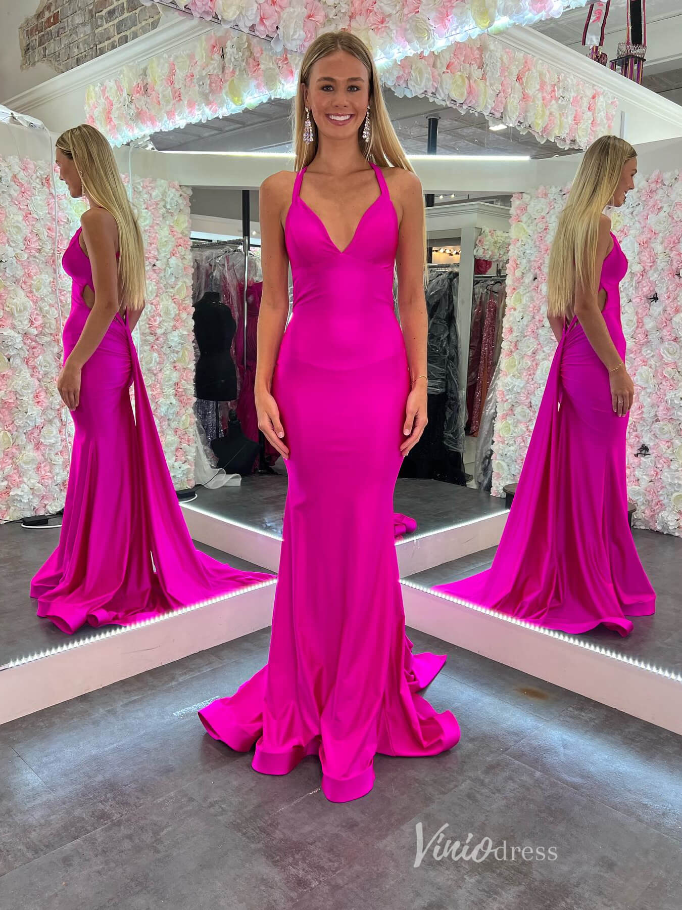 Fuchsia Mermaid Satin Prom Dresses Open Back with Tail FD4037-prom dresses 2025 -Viniodress-Fuchsia-Custom Size-