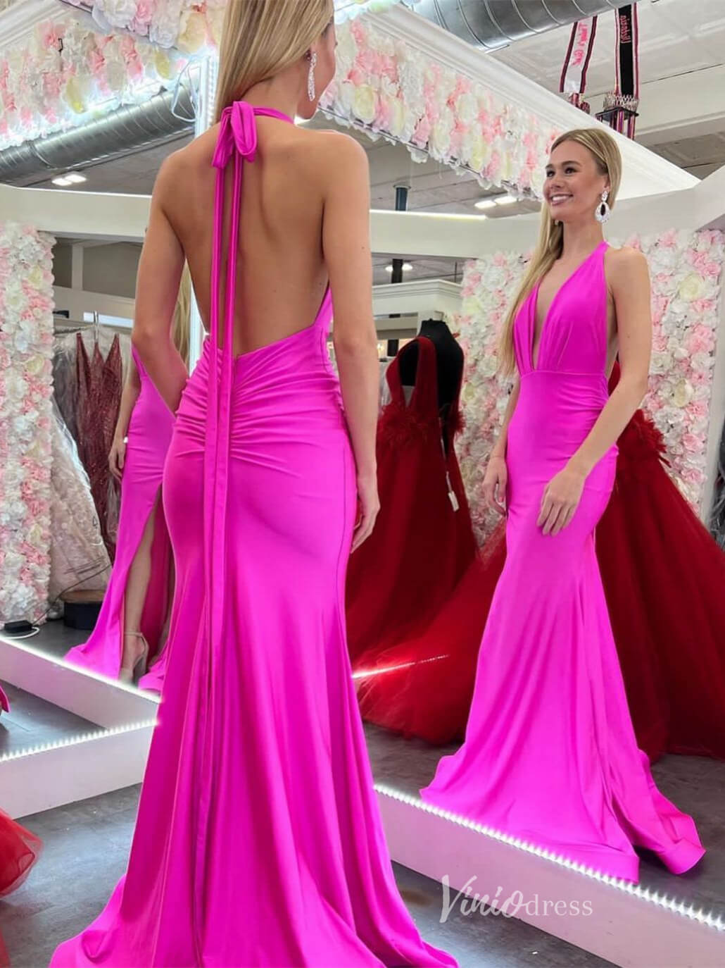 Fuchsia Mermaid Satin Prom Dresses Plunging V-Neck Open Back Ruched Hip FD4018-prom dresses-Viniodress-Fuchsia-Custom Size-Viniodress
