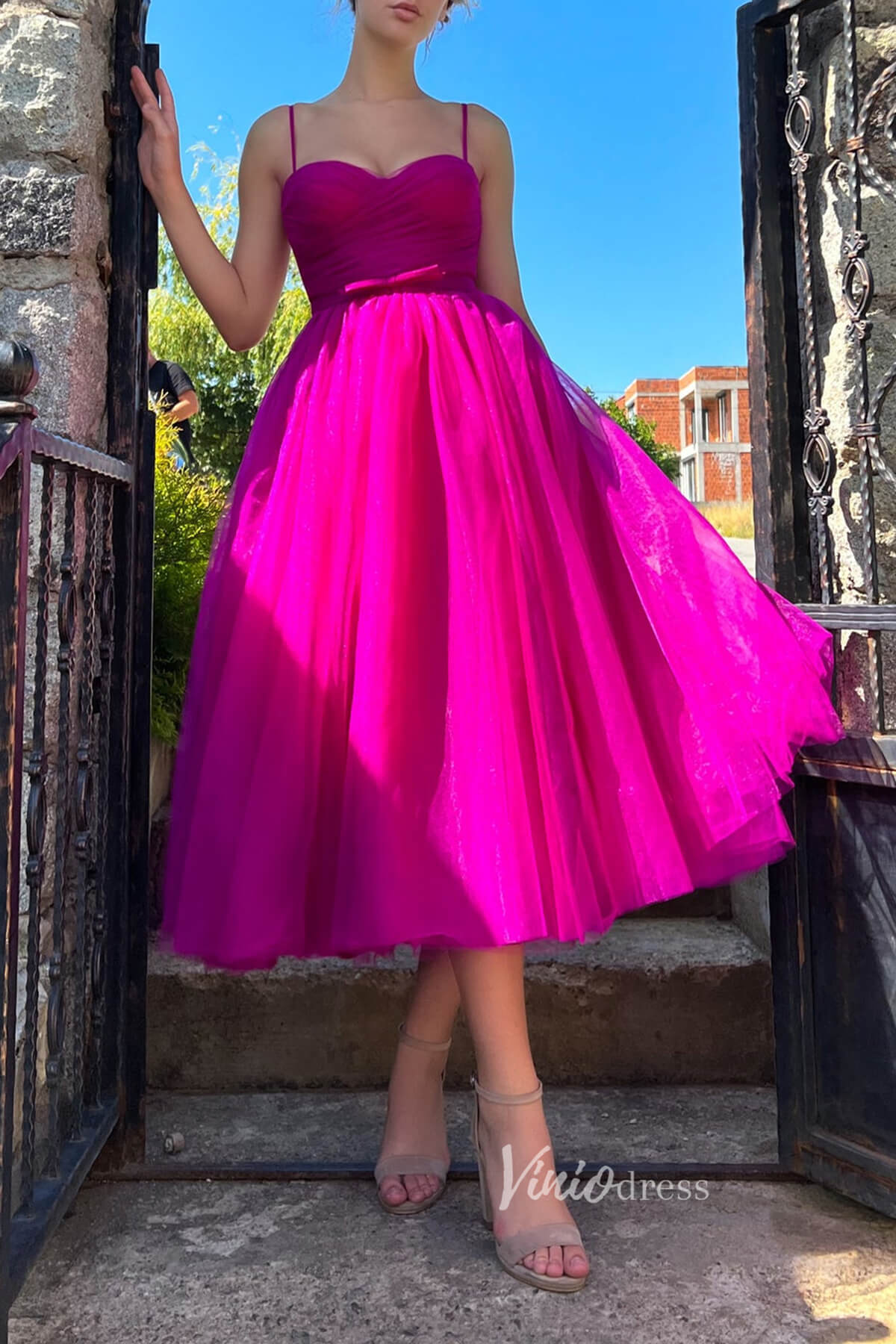 knee length dresses for ladies Fuchsia Midi Length Prom Dresses Tulle Spaghetti Strap Homecoming Dres –  Viniodress
