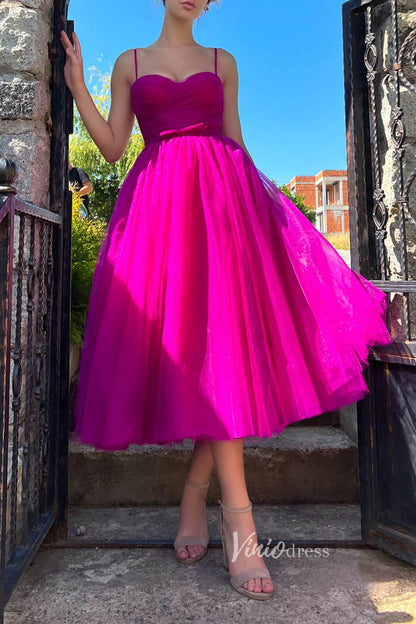Fuchsia Midi Length Prom Dresses Tulle Spaghetti Strap Homecoming Dress FD2985-prom dresses 2025 -Viniodress-Fuchsia-Custom Size-