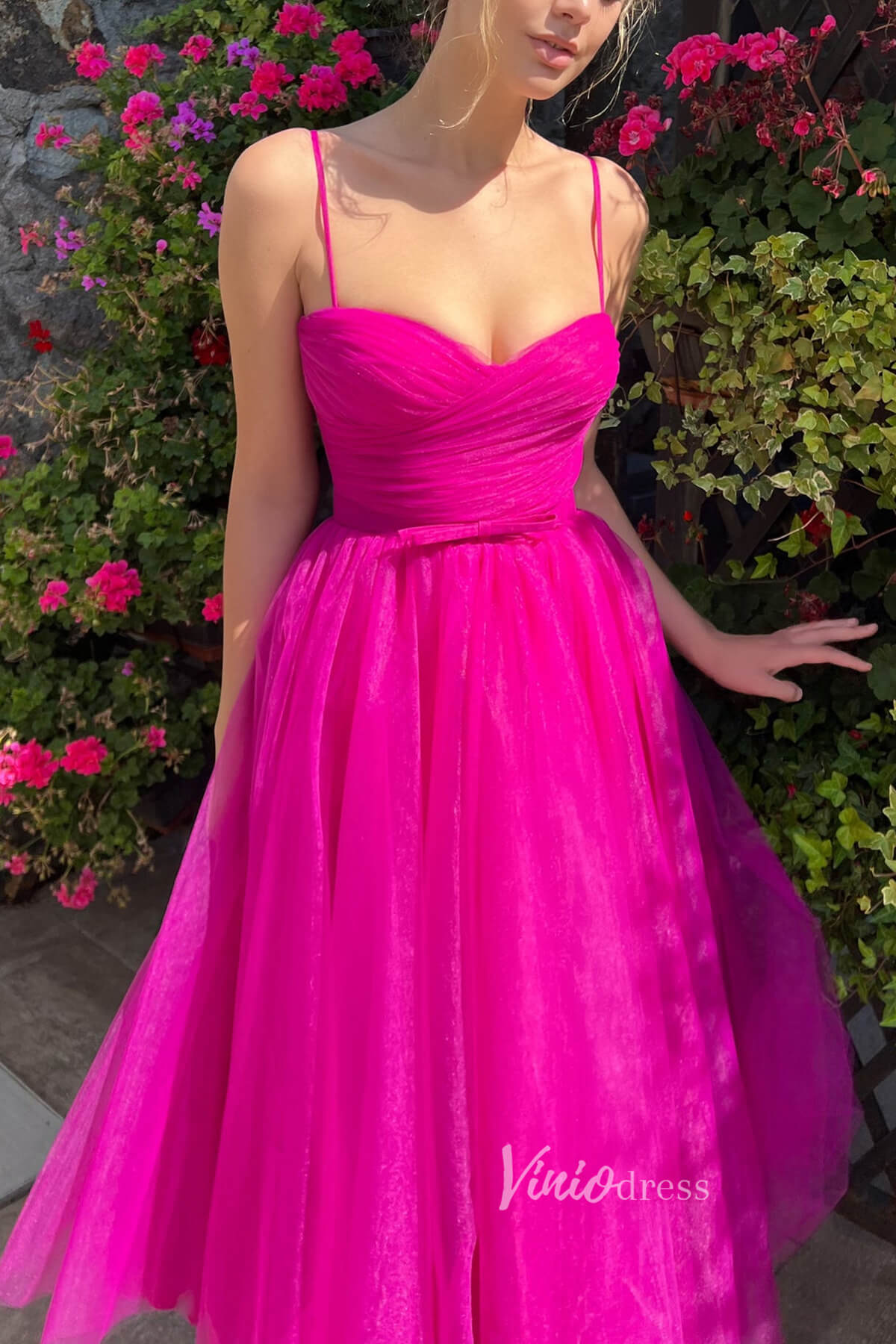 Fuchsia Midi Length Prom Dresses Tulle Spaghetti Strap Homecoming Dress FD2985-prom dresses 2025 -Viniodress-Fuchsia-Custom Size-