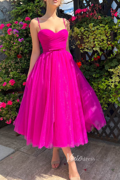 Fuchsia Midi Length Prom Dresses Tulle Spaghetti Strap Homecoming Dress FD2985-prom dresses 2025 -Viniodress-Fuchsia-Custom Size-