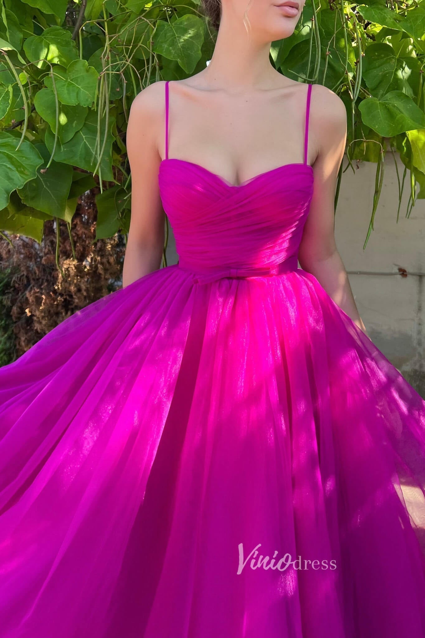 Prom Dress 2025 Fuchsia Midi Length Prom Dresses Tulle Spaghetti Strap Homecoming Dress FD2985-unique prom dresses-Fuchsia-Custom Size-Viniodress