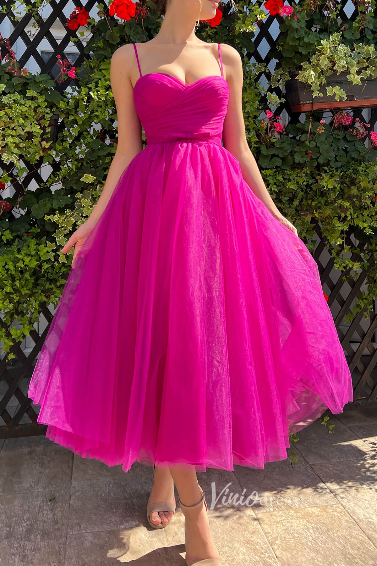 Prom Dress 2025 Fuchsia Midi Length Prom Dresses Tulle Spaghetti Strap Homecoming Dress FD2985-unique prom dresses-Fuchsia-Custom Size-Viniodress