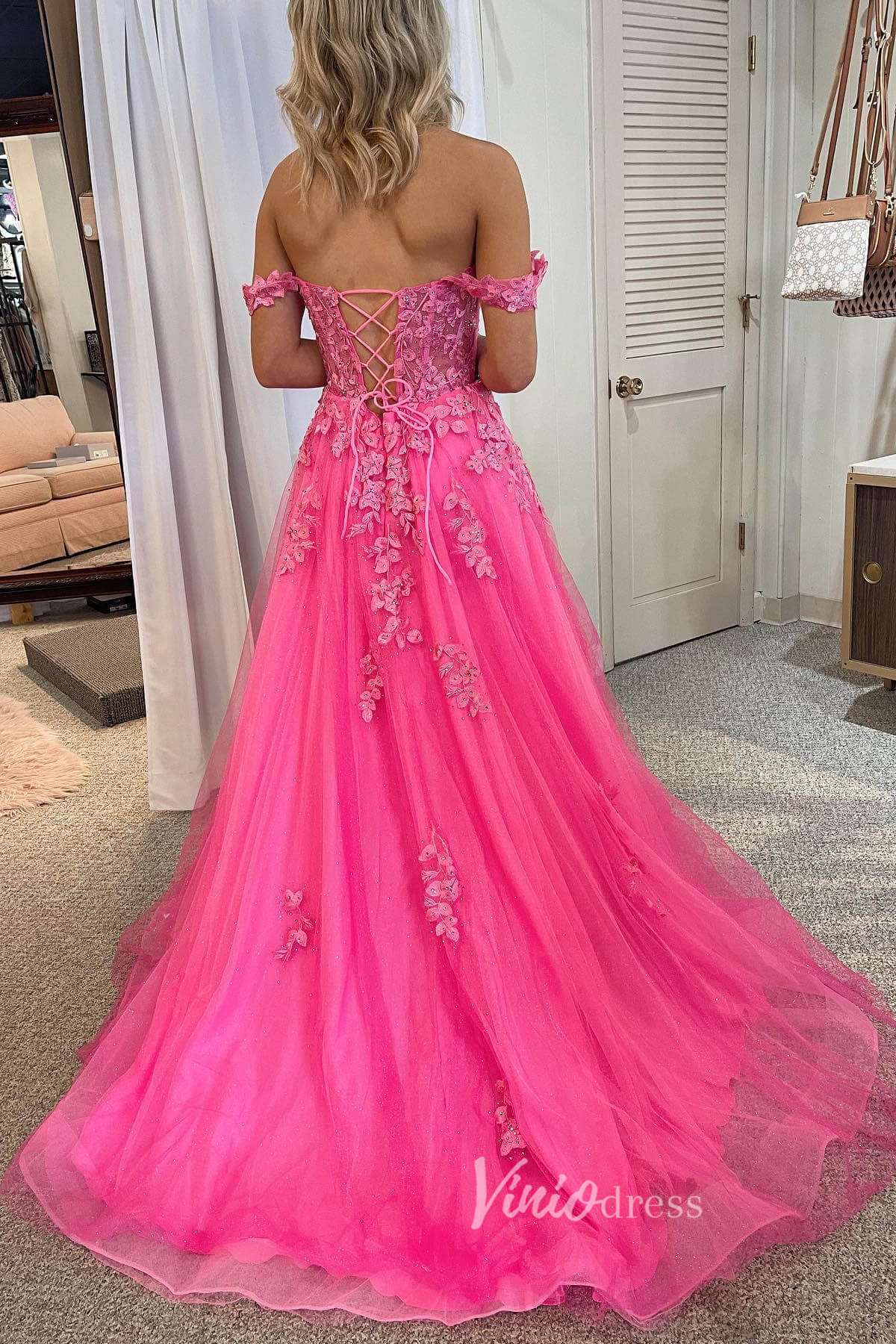 Fuchsia Off the Shoulder Lace Applique Prom Dress with Pockets and Slit FD3487 - Viniodressprom dressesFuchsiaCustom Size - Formal Dresses - Ball Gowns