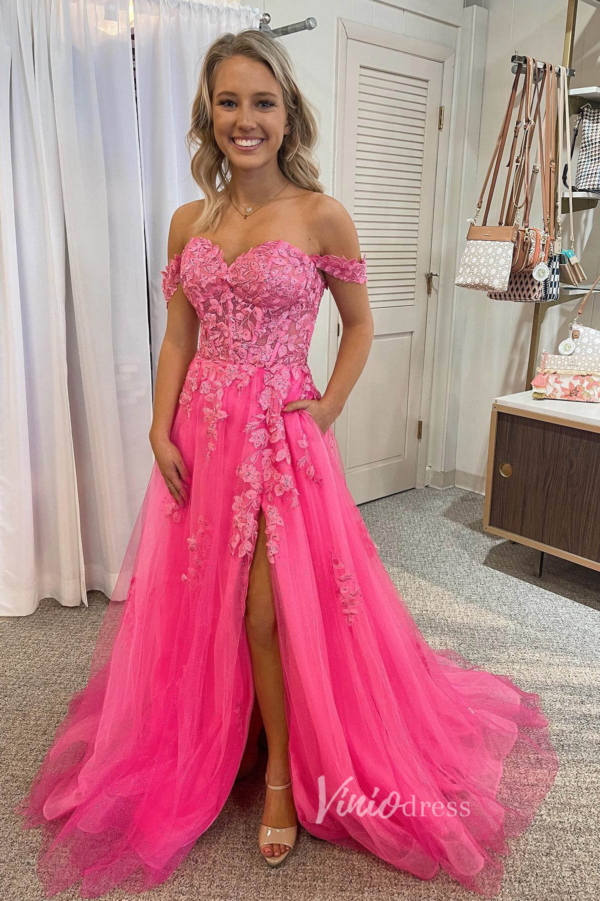 Fuchsia Off the Shoulder Lace Applique Prom Dress with Pockets and Slit FD3487 - Viniodressprom dressesFuchsiaCustom Size - Formal Dresses - Ball Gowns