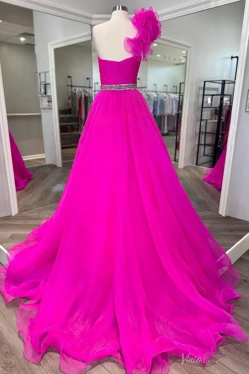 Fuchsia One-Shoulder Organza Formal Gown with Ruffle Shoulder & Crystal Waist – PG019-Pageant Dress 2026-Viniodress-Fuchsia-Custom Size-