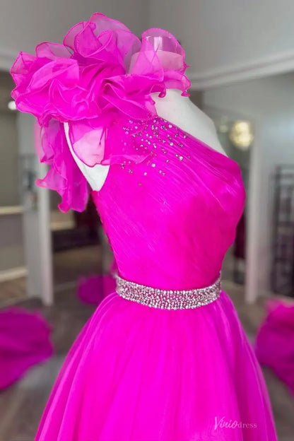 Fuchsia One-Shoulder Organza Formal Gown with Ruffle Shoulder & Crystal Waist – PG019-Pageant Dress 2026-Viniodress-Fuchsia-Custom Size-