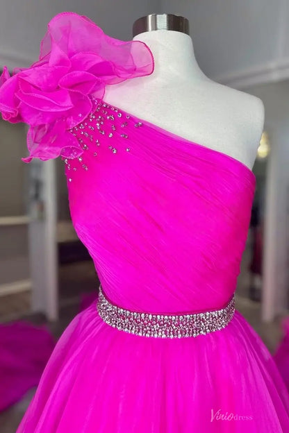 Fuchsia One-Shoulder Organza Formal Gown with Ruffle Shoulder & Crystal Waist – PG019-Pageant Dress 2026-Viniodress-Fuchsia-Custom Size-