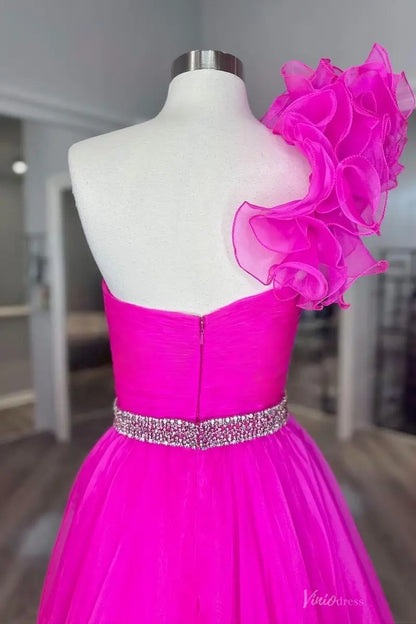 Fuchsia One-Shoulder Organza Formal Gown with Ruffle Shoulder & Crystal Waist – PG019-Pageant Dress 2026-Viniodress-Fuchsia-Custom Size-