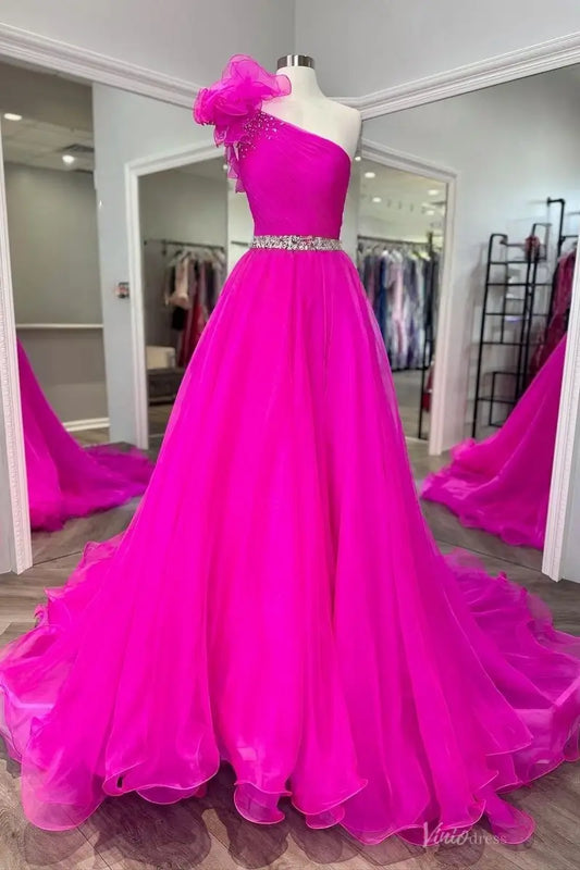 Fuchsia One-Shoulder Organza Formal Gown with Ruffle Shoulder & Crystal Waist – PG019