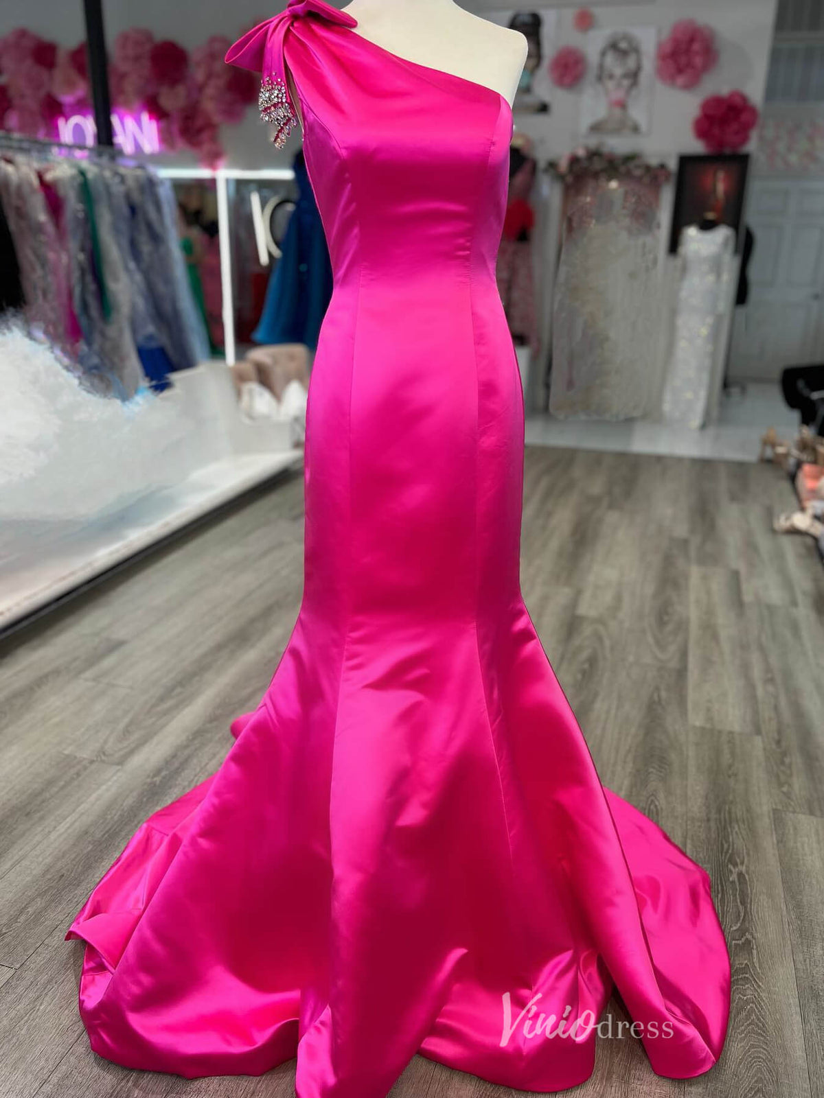 Fuchsia One Shoulder Prom Dresses Satin Mermaid Evening Dress FD4015-prom dresses-Viniodress-Fuchsia-Custom Size-Viniodress