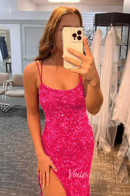 Fuchsia Pink Sequin Prom Dresses with Slit Mermaid Spaghetti Strap Evening Dress FD3290-prom dresses 2025 -Viniodress-Hot Pink-Custom Size-