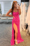 Fuchsia Pink Sequin Prom Dresses with Slit Mermaid Spaghetti Strap Evening Dress FD3290